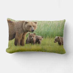 Alaskan Brown Bear with Cubs in a Meadow Lumbar Cushion