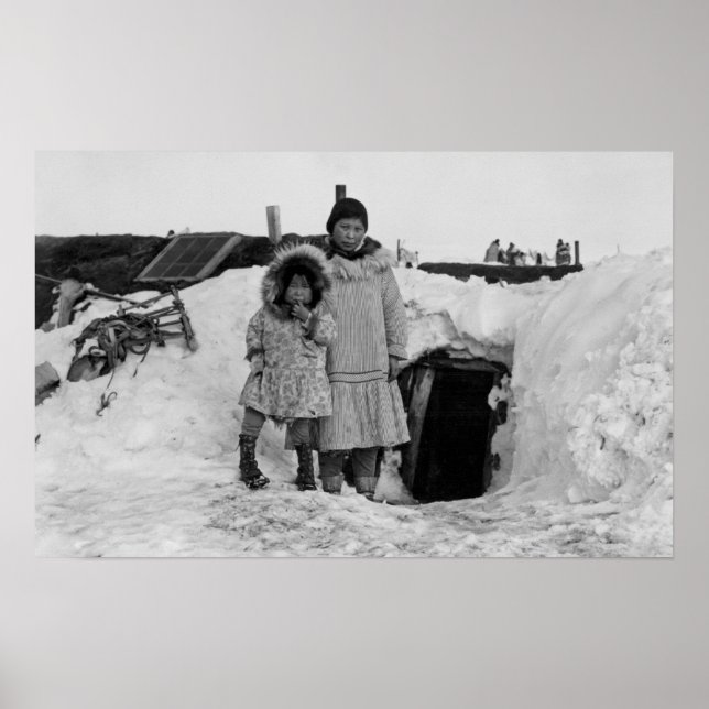 Alaskan Eskimos Outside Their Home Photograph Poster (Front)
