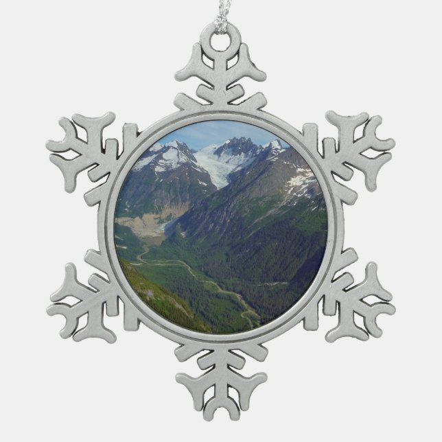 Alaskan Glacier-Carved Valley Snowflake Pewter Christmas Ornament (Front)