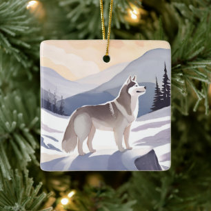 Alaskan Husky   Dog Mountain Watercolor Ceramic Ornament