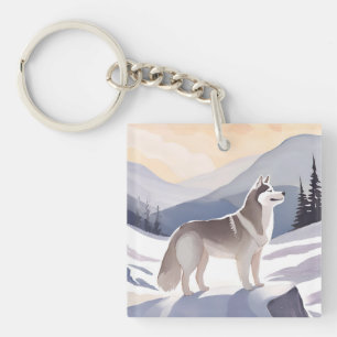 Alaskan Husky   Dog Mountain Watercolor Key Ring