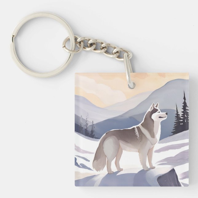 Alaskan Husky | Dog Mountain Watercolor Key Ring (Front)