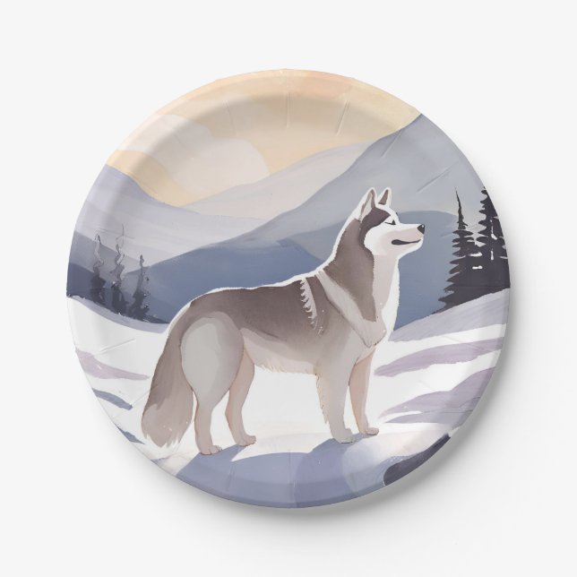 Alaskan Husky | Dog Mountain Watercolor Paper Plate (Front)
