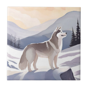 Alaskan Husky Dog Mountain Watercolor Tile