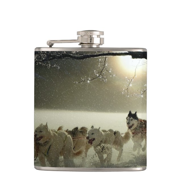 Alaskan Husky Dog Sled Race Hip Flask (Front)