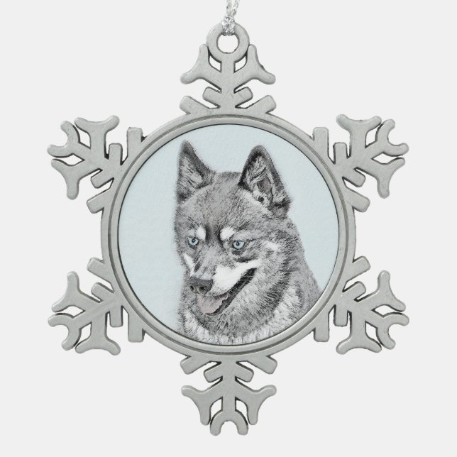 Alaskan Klee Kai Painting - Cute Original Dog Art Snowflake Pewter Christmas Ornament (Front)