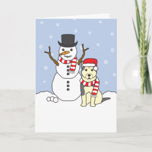 Alaskan Malamute and Snowman Holiday Card