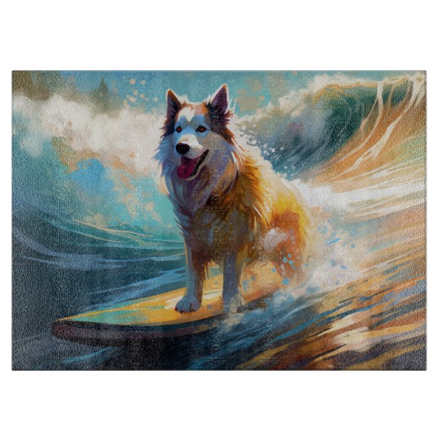 Alaskan Malamute Beach Surfing Painting  Cutting Board (Front)