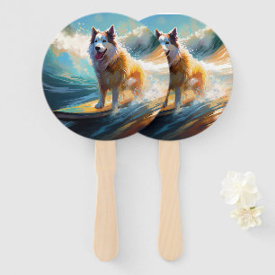 Alaskan Malamute Beach Surfing Painting Hand Fan