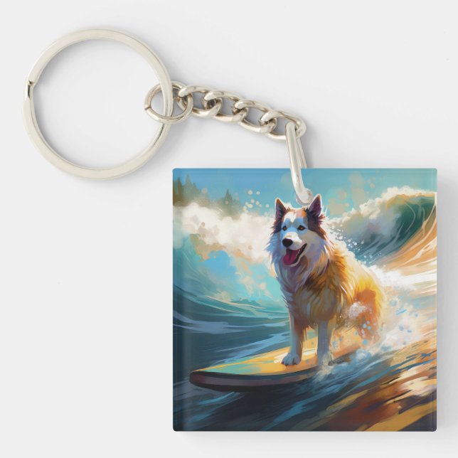 Alaskan Malamute Beach Surfing Painting  Key Ring (Front)