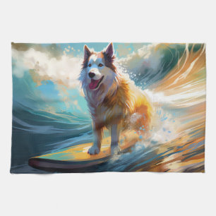 Alaskan Malamute Beach Surfing Painting  Tea Towel