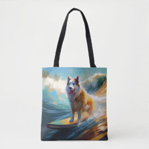 Alaskan Malamute Beach Surfing Painting Tote Bag