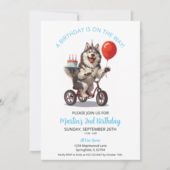 Alaskan Malamute Bike with Cake 2nd Birthday Party Invitation (Front)