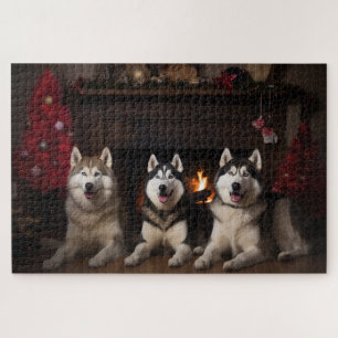 Alaskan Malamute by the Fireplace Christmas Jigsaw Puzzle