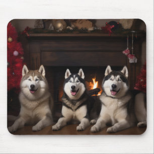 Alaskan Malamute by the Fireplace Christmas Mouse Pad