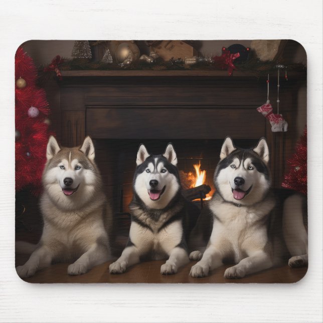 Alaskan Malamute by the Fireplace Christmas Mouse Pad (Front)