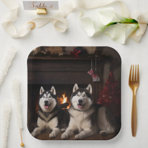Alaskan Malamute by the Fireplace Christmas Paper Plate