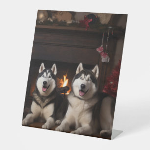 Alaskan Malamute by the Fireplace Christmas Pedestal Sign