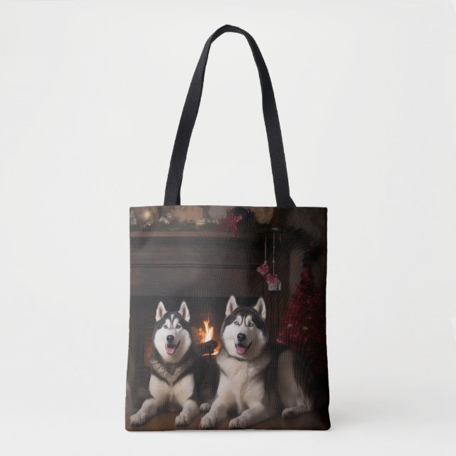 Alaskan Malamute by the Fireplace Christmas Tote Bag (Front)