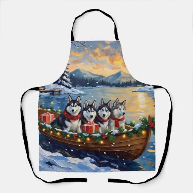 Alaskan Malamute Christmas Boat Holiday Apron (Front)