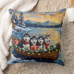 Alaskan Malamute Christmas Boat Holiday Cushion
