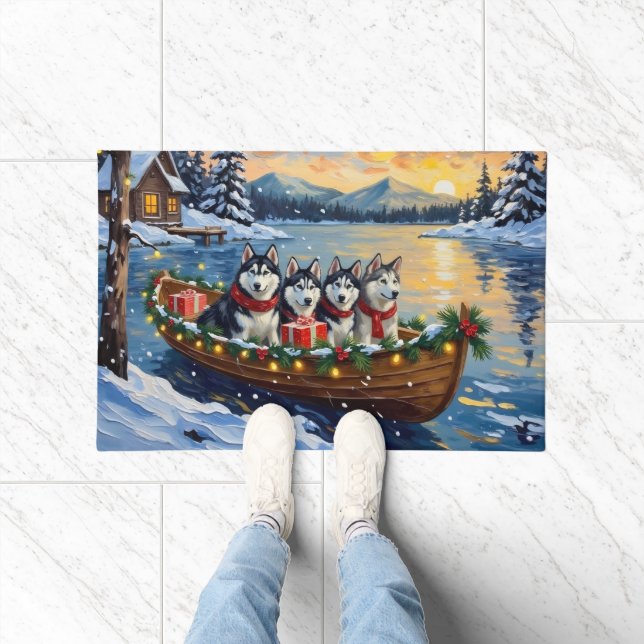 Alaskan Malamute Christmas Boat Holiday Doormat (Indoor)