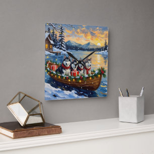 Alaskan Malamute Christmas Boat Holiday Square Wall Clock