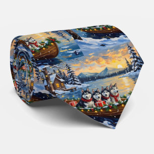 Alaskan Malamute Christmas Boat Holiday Tie