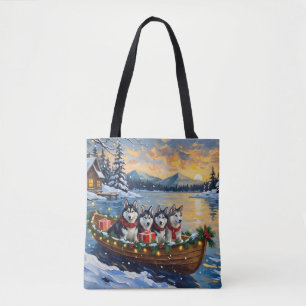 Alaskan Malamute Christmas Boat Holiday Tote Bag