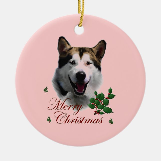 Alaskan Malamute Christmas Ceramic Tree Decoration (Front)