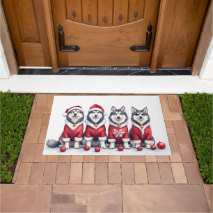 Alaskan Malamute Christmas Dress Santa Hat Doormat