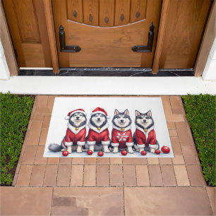 Alaskan Malamute Christmas Dress Santa Hat Doormat