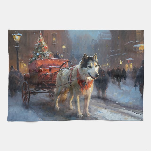 Alaskan Malamute Christmas Festive Season Tea Towel (Horizontal)