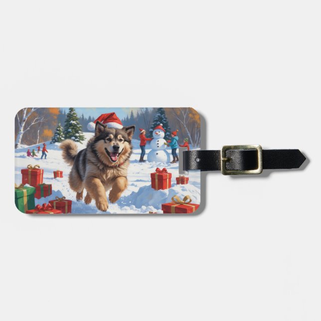 Alaskan Malamute Christmas Festive Snow Scene Luggage Tag (Front Horizontal)