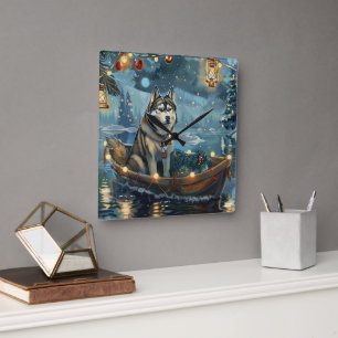 Alaskan Malamute Christmas Festive Voyage Square Wall Clock