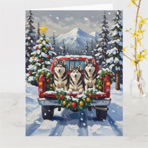 Alaskan Malamute Christmas Red Truck Holiday Card
