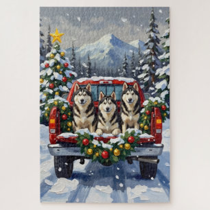 Alaskan Malamute Christmas Red Truck Holiday Jigsaw Puzzle