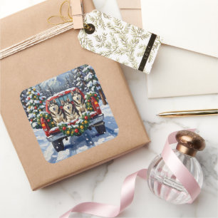 Alaskan Malamute Christmas Red Truck Holiday Square Sticker