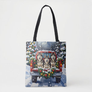 Alaskan Malamute Christmas Red Truck Holiday Tote Bag
