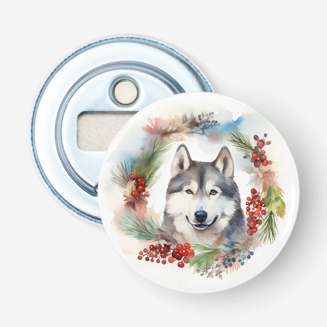 Alaskan Malamute Christmas Wreath Festive Pup  Bottle Opener (Front)