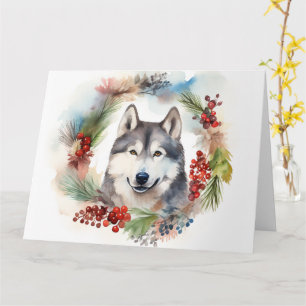 Alaskan Malamute Christmas Wreath Festive Pup  Card
