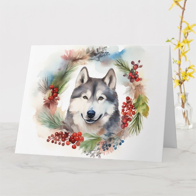 Alaskan Malamute Christmas Wreath Festive Pup  Card (Yellow Flower)
