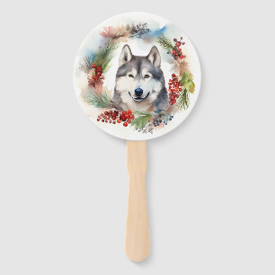 Alaskan Malamute Christmas Wreath Festive Pup Hand Fan