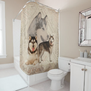 Alaskan Malamute Collage on Word Pattern Shower Curtain