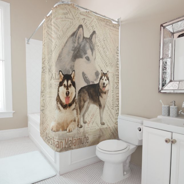 Alaskan Malamute Collage on Word Pattern Shower Curtain (In Situ)