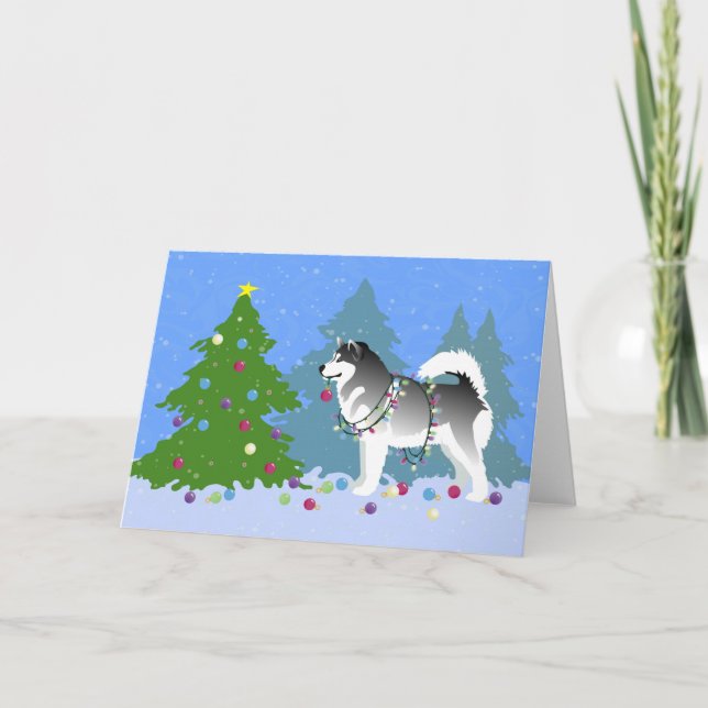 Alaskan Malamute Decorating Christmas Tree Holiday Card (Front)