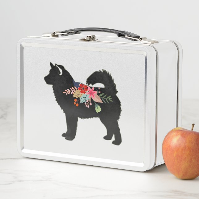 Alaskan Malamute Dog Boho Floral Silhouette Metal Lunch Box (In Situ)