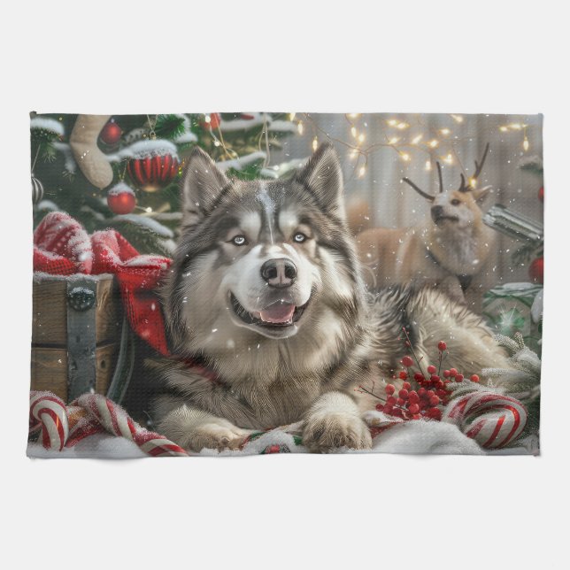 Alaskan Malamute Dog Christmas Festive Tea Towel (Horizontal)