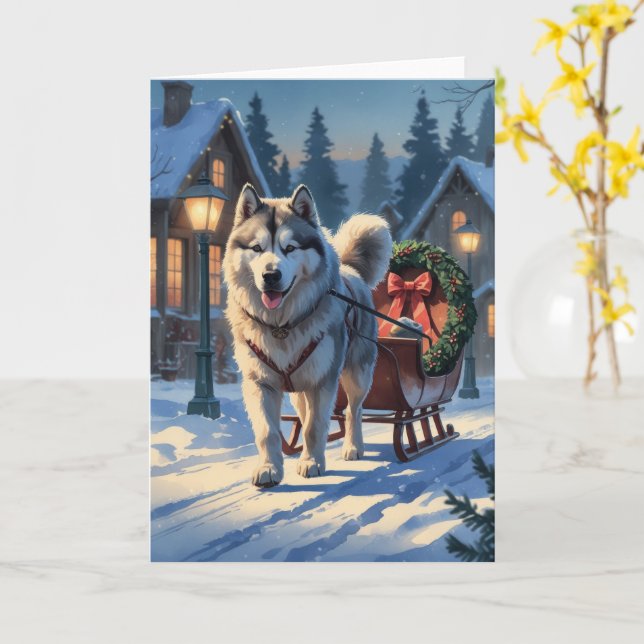 Alaskan Malamute Dog Christmas Greeting Card (Yellow Flower)