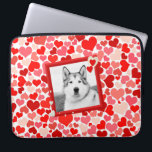 Alaskan Malamute Dog Heart Laptop Sleeves<br><div class="desc">Red and pink falling hearts with cute Alaskan Malamute photo in frame</div>